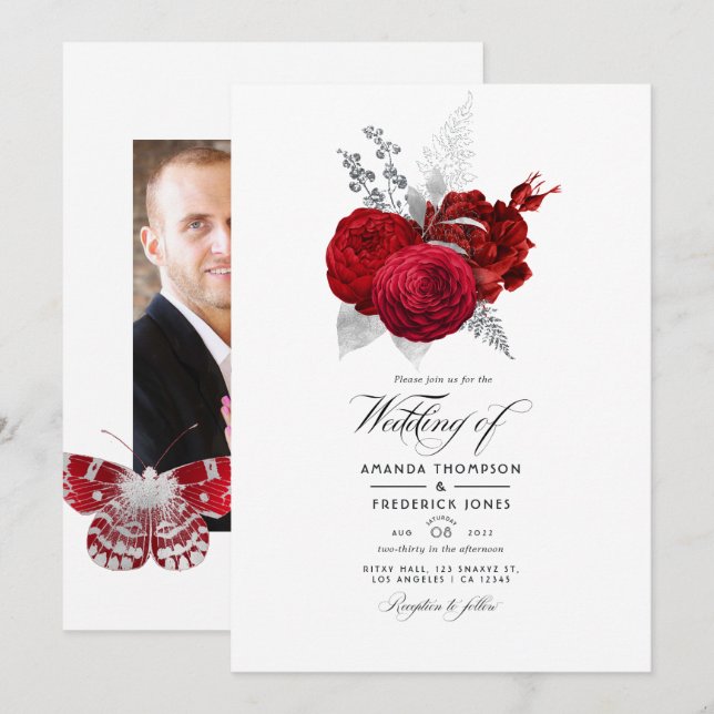Convite Foto de casamento do Rosa de Red and Silver Vintag (Frente/Verso)