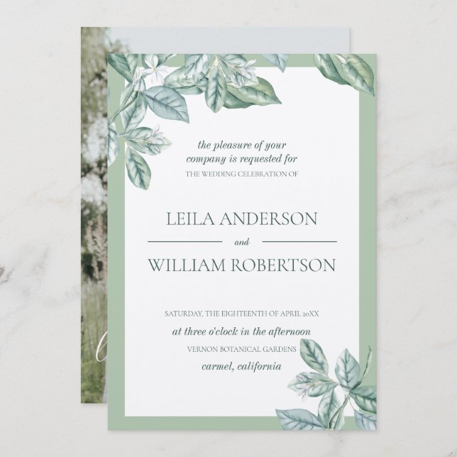 Convite Foto De Casamento Elegante Da Mint Botanical (Frente/Verso)