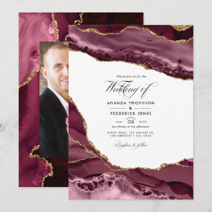 Convite Foto de casamento em Ágata Burgundy e Dourado