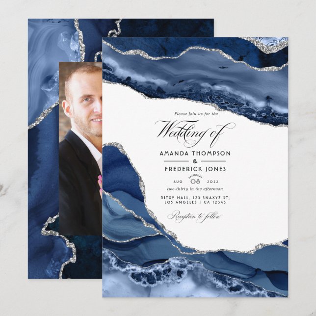 Convite Foto de casamento em Ágata Prata e Azul Marinho (Frente/Verso)