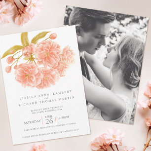 Convite Foto de casamento em aquarela com flor de pessegue