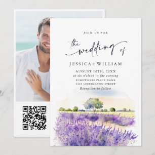 Convite Foto de casamento em campo de lavanda roxa aquarel