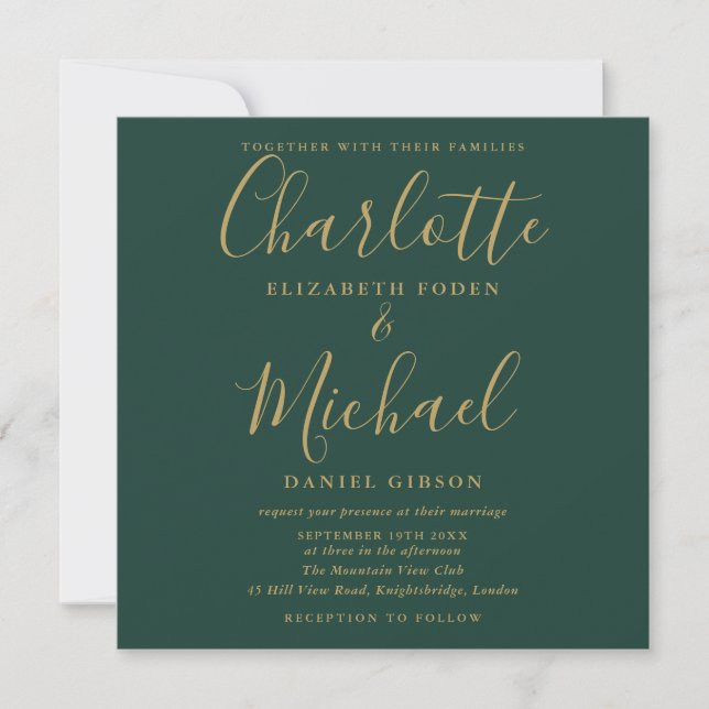 Convite Foto de casamento em verde esmeralda e dourado (Frente)
