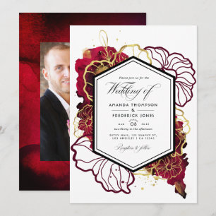 Convite Foto de casamento floral abstrata em burgundy e do