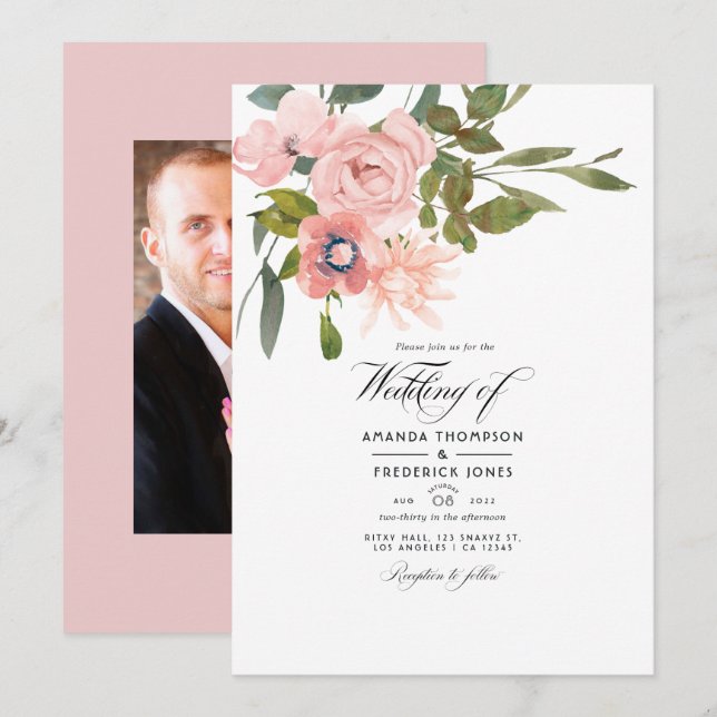 Convite Foto De Casamento Floral Cor-De-Rosa Esbranquiçada (Frente/Verso)