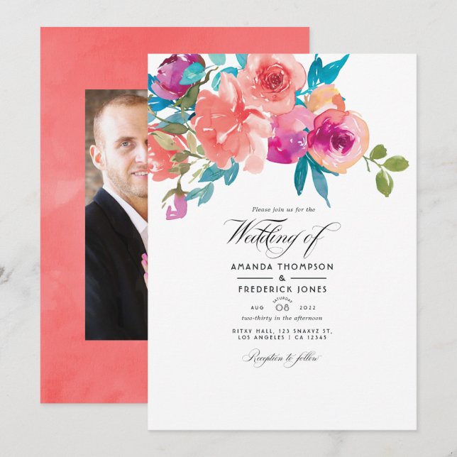 Convite Foto de casamento floral Coral e Fandango (Frente/Verso)