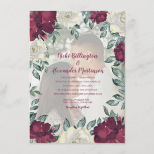 Convite Foto de casamento floral creme marfim burgundy ele