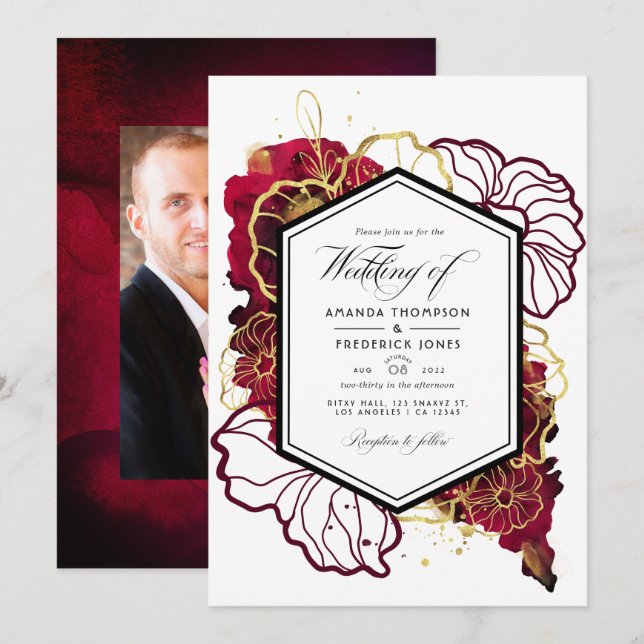 Convite Foto de Casamento Floral de Abstrato e Borgonha Do (Frente/Verso)