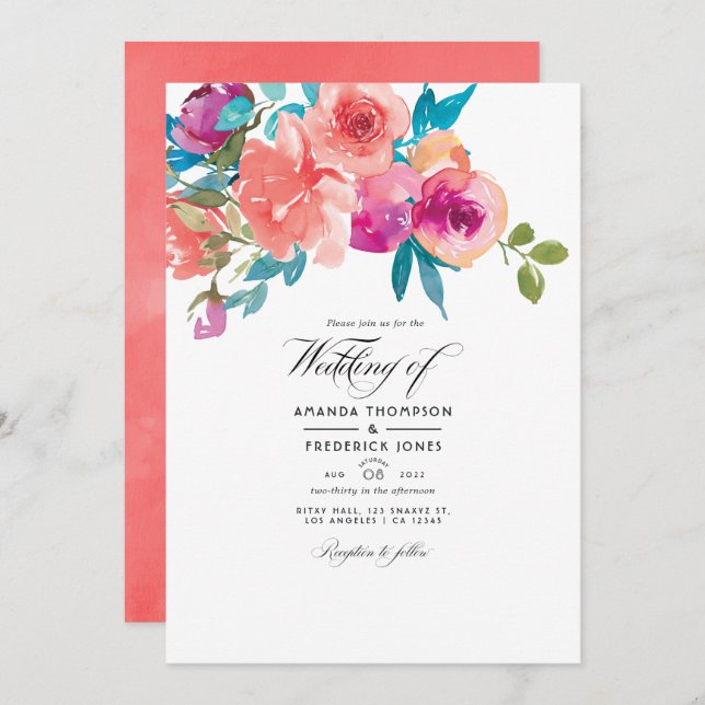 Convite Foto de Casamento Floral de Coral e Fandango (Frente/Verso)