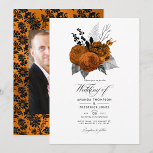Convite Foto de casamento floral de Halloween preta e lara