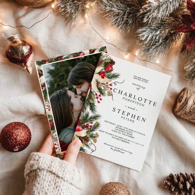 Convite Foto de casamento floral de inverno de Natal (Christmas winter floral watercolor wedding photo invitation)