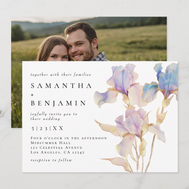 Convite Foto de casamento floral de íris elegante (Frente/Verso)