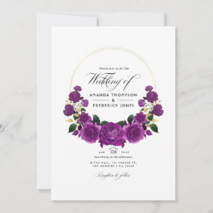 Convite Foto de Casamento Floral de Vintage Roxo e Dourada