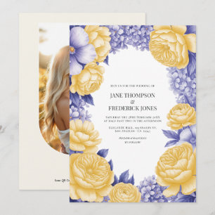 Convite Foto de casamento floral em amarelo manteiga e per