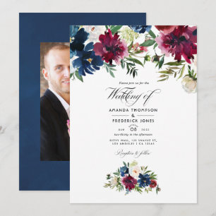 Convite Foto de casamento floral em aquarela bordo e azul-