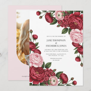 Convite Foto de casamento floral em aquarela com cranberry