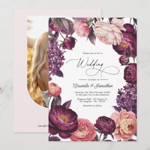 Convite Foto de casamento floral em aquarela com tons de a