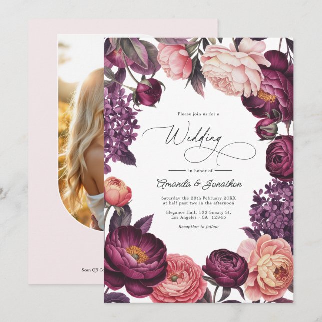 Convite Foto de casamento floral em aquarela com tons de a (Frente/Verso)