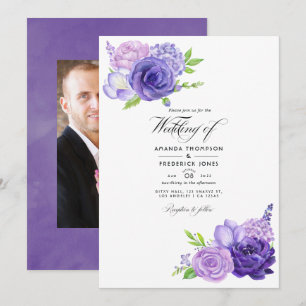 Convite Foto de casamento floral em aquarela ultravioleta