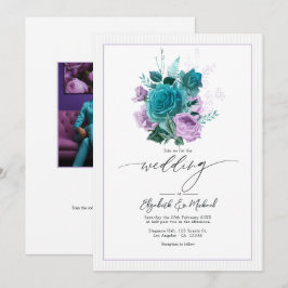 Convite Foto de casamento floral em azul verde e lavanda