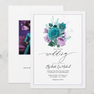 Convite Foto de casamento floral em azul verde e lavanda