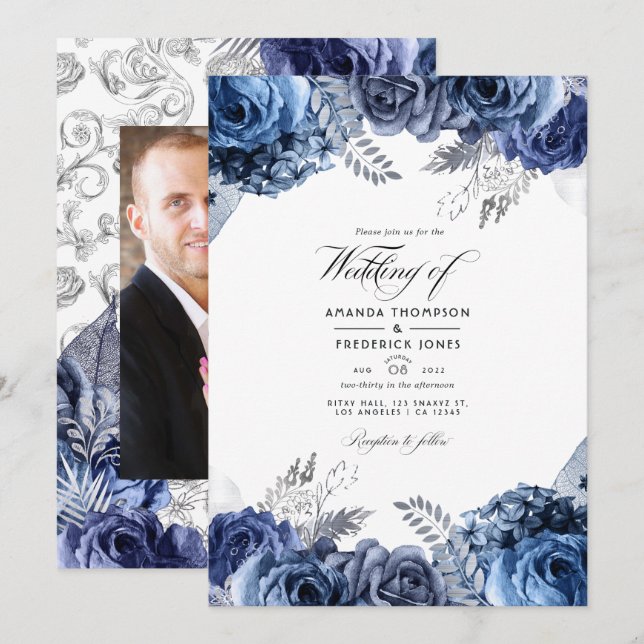 Convite Foto de casamento floral em folha falsa azul-marin (Frente/Verso)