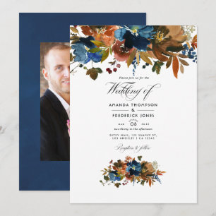 Convite Foto de casamento floral em gengibre e azul-marinh