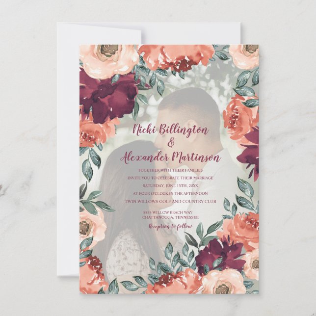 Convite Foto de casamento floral em laranja queimada borgo (Frente)