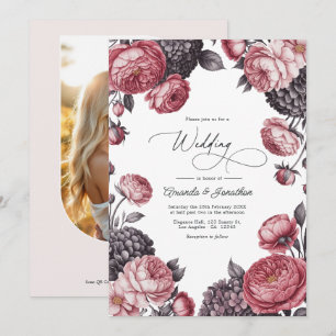 Convite Foto de casamento floral em Rosa Empoeirado e Cinz