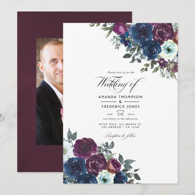 Convite Foto de casamento floral em roxo e azul marinho (Frente/Verso)