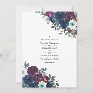 Convite Foto de casamento floral em roxo e azul marinho