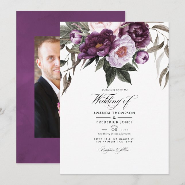 Convite Foto de casamento floral em veludo profundo (Frente/Verso)