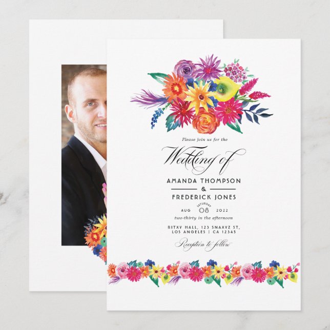 Convite Foto de Casamento Floral Fiesta (Frente/Verso)