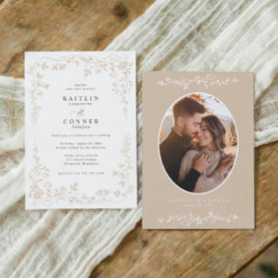 Convite Foto de casamento floral francês bege vintage