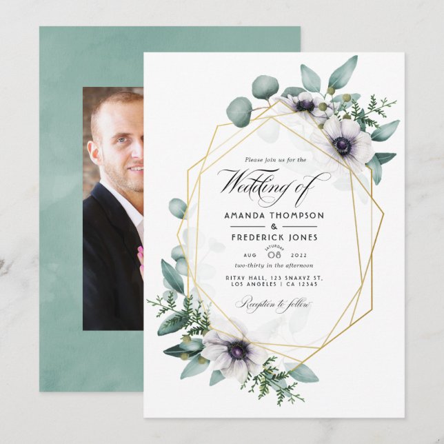 Convite Foto de casamento floral geométrica de eucalipto (Frente/Verso)