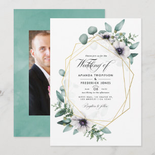Convite Foto de casamento floral geométrica de eucalipto