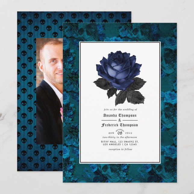 Convite Foto de Casamento Floral Gótico Preto e Azul (Frente/Verso)