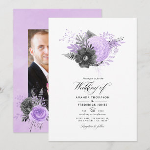 Convite Foto de casamento floral lilás e carvão