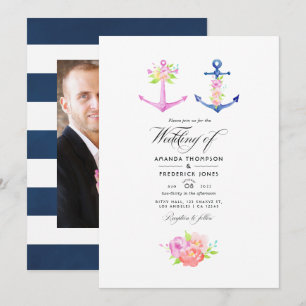 Convite Foto de casamento floral náutico em aquarela