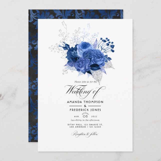 Convite Foto de Casamento Floral Real Azul e Prata (Frente/Verso)
