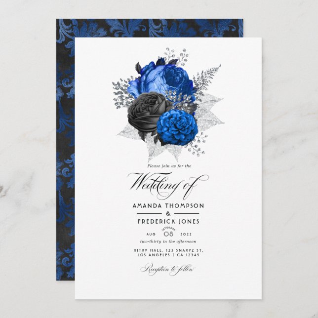 Convite Foto de Casamento Floral Real Azul, Preto e Prata (Frente/Verso)