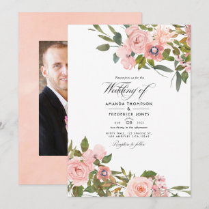 Convite Foto de casamento floral rosa bege e dourado rosa