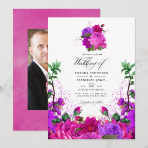 Convite Foto de casamento floral rosa fúcsia e roxo vintag
