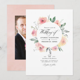 Convite Foto de casamento floral rosa pastel