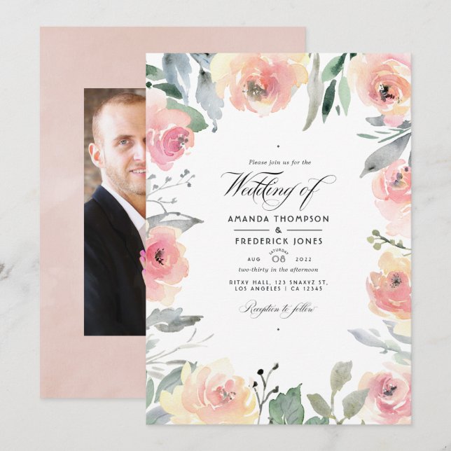 Convite Foto de casamento floral rosa pastel (Frente/Verso)