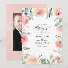 Convite Foto de casamento floral rosa pastel