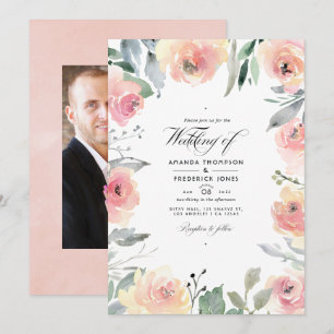 Convite Foto de casamento floral rosa pastel