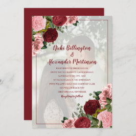 Convite Foto de Casamento Floral Rosa-Rosa-Blush Burgundy