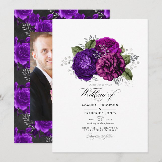 Convite Foto de casamento floral roxa e prata (Frente/Verso)
