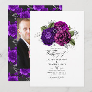 Convite Foto de casamento floral roxa e prata